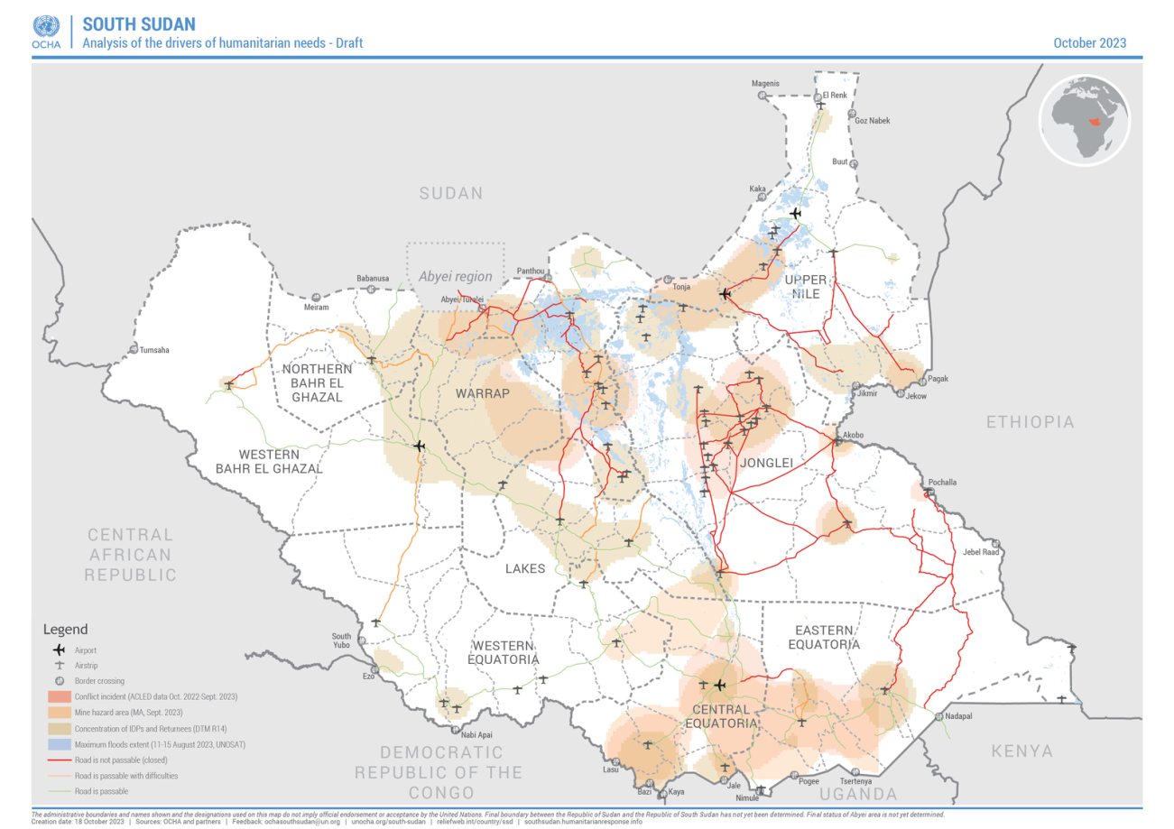 Humanitarian risk analysis map South Sudan as of October 2023